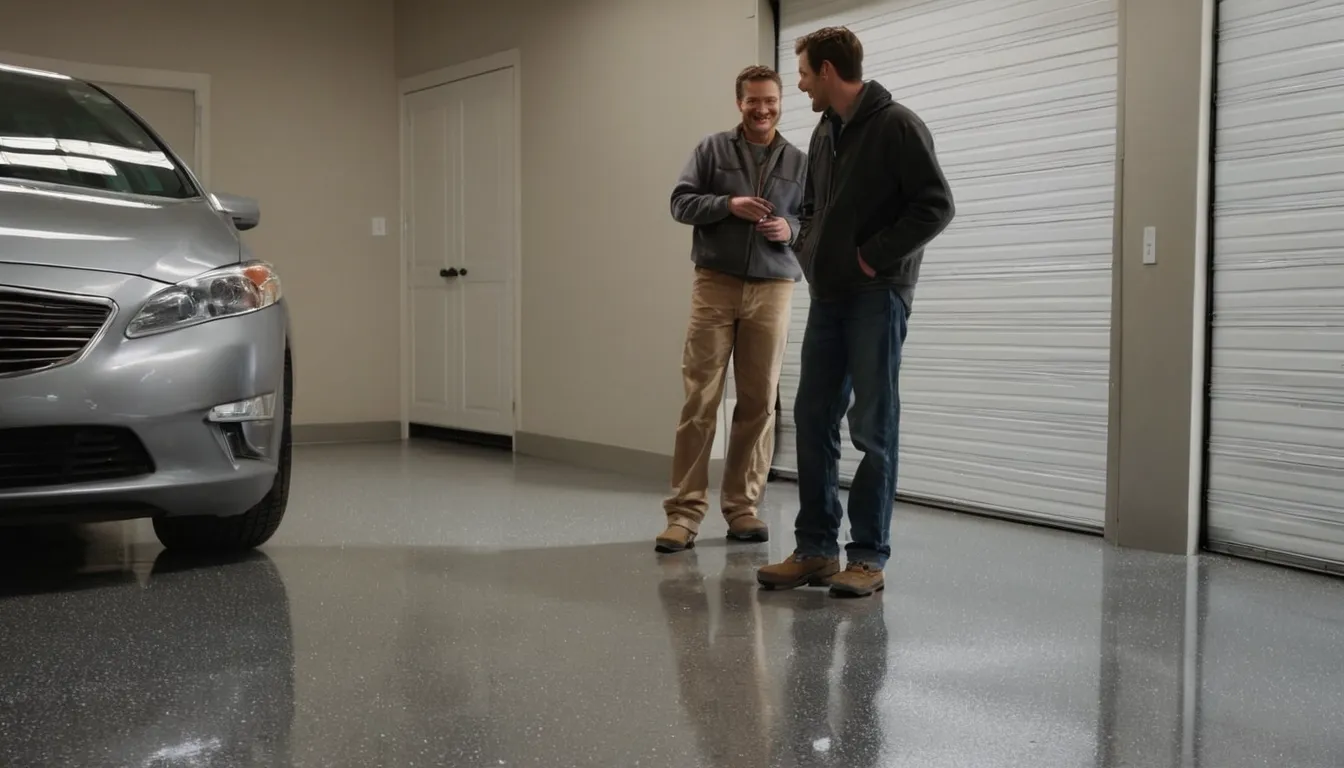 A finished polyaspartic garage floor with gray and tan flakes in a home near Beverly